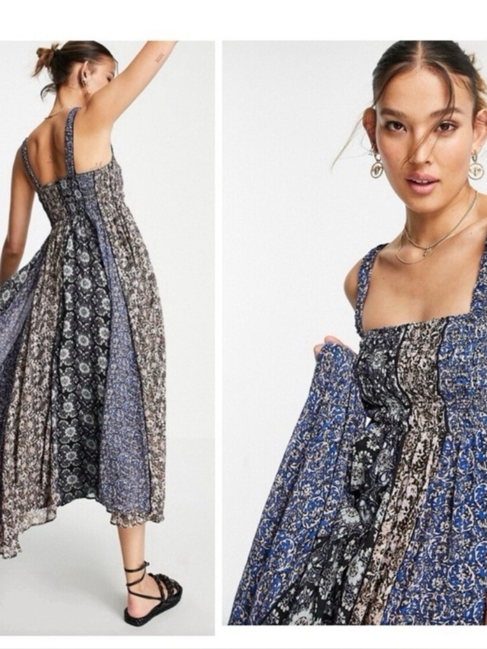 Free People Women's Come Together Smocked Midi Dress Size XS Blue Mix